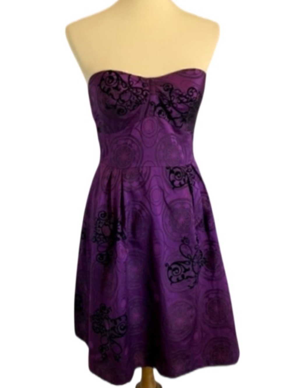 Y2K Guess Deep Purple Strapless Silk Velvet Flocked Baroque Cocktail Dress Sz 9